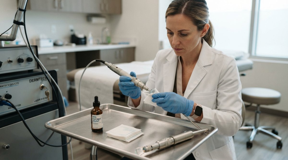 Technician cleaning a medical laser handpiece lens as part of routine laser equipment maintenance in a bright clinic