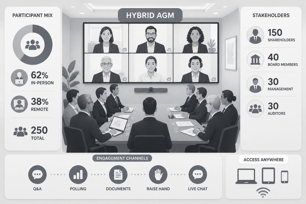 Diverse group of shareholders and stakeholders in hybrid AGM setting, with several seated in conference room around table while others visible on large screens, professional lighting and formal business attire