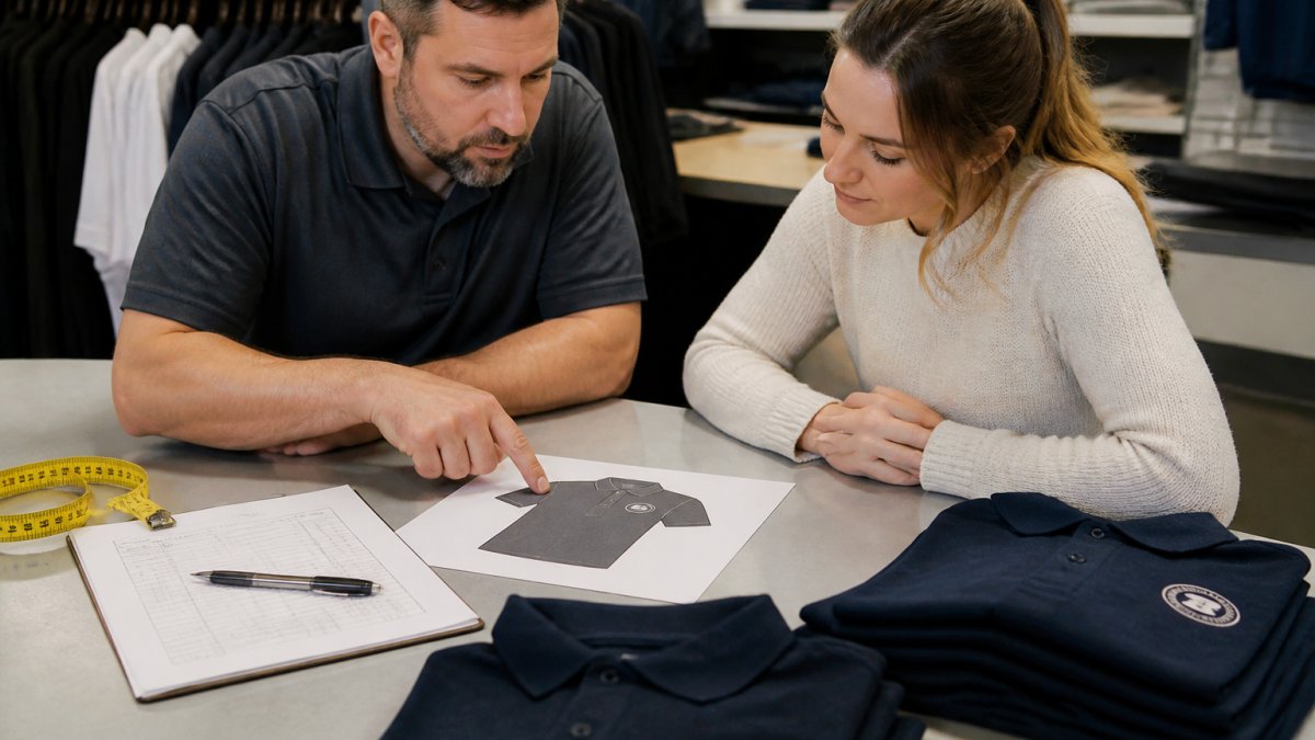 A production manager and a client reviewing a printed logo placement mockup on a table next to folded uniform shirts, with a measuring tape and approval sheet visible