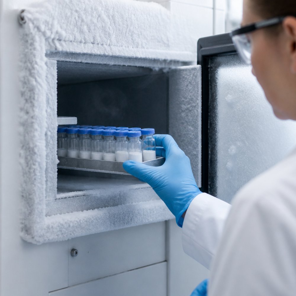 A gloved researcher placing a rack of sealed glass vials containing lyophilized peptide powder into an ultra-low temperature freezer, frost visible on the interior walls, digital display showing -80°C