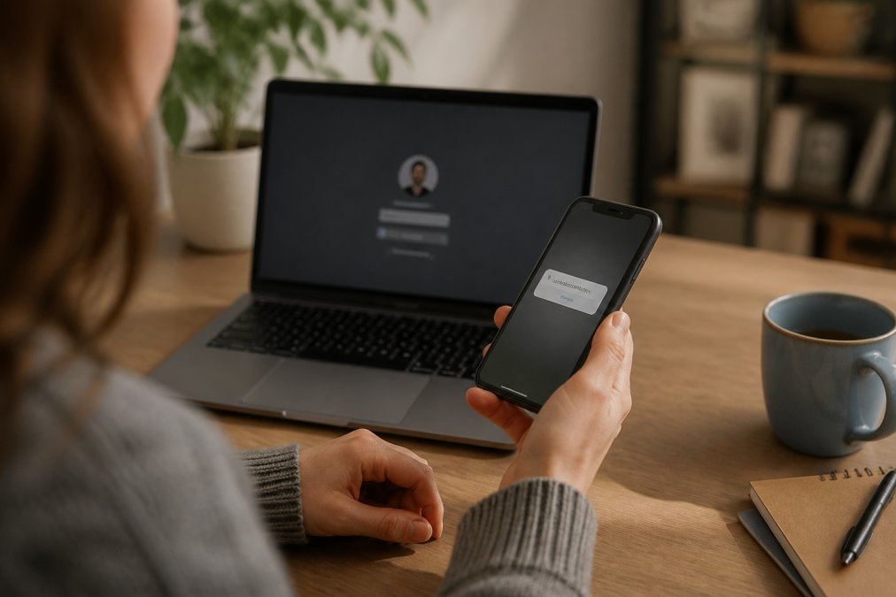 A person holding a smartphone displaying a push notification for login approval, with a laptop showing a login screen in the background, in a home office setting