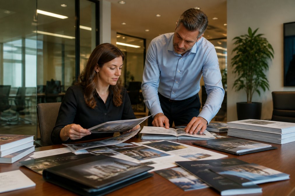 A procurement manager reviewing print samples and vendor contracts at a large desk in a corporate office, with multiple branded brochures spread out under warm overhead lighting