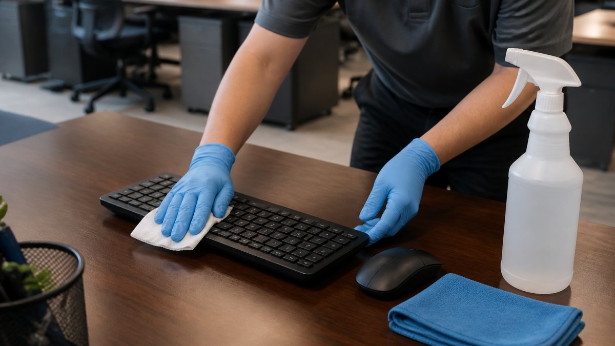 Cleaning professional disinfecting a keyboard and mouse for office sanitation at a bright workstation