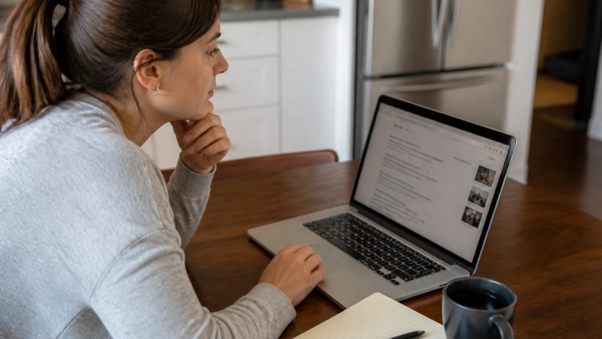 A person sitting at a kitchen table with a laptop, reviewing a search result page showing their own name, with a notepad and coffee nearby
