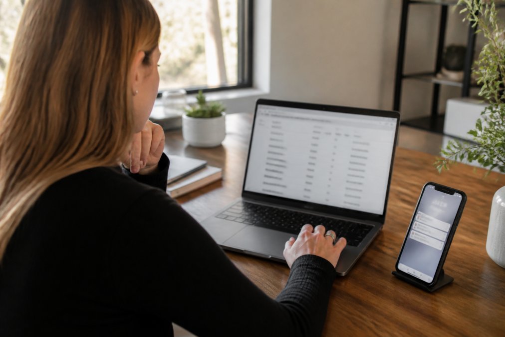 Real estate professional at desk reviewing visitor data on laptop screen with smartphone showing automated follow-up notifications nearby, natural office lighting
