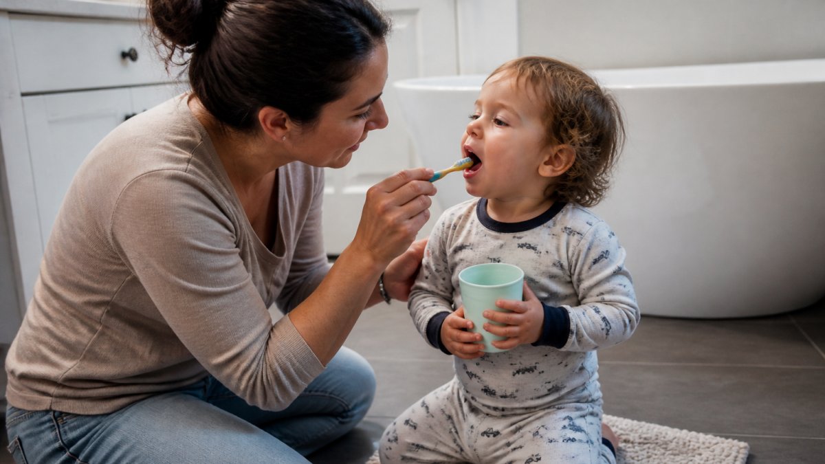 Parent gently brushing a toddler's teeth in a bright bathroom to support pediatric oral health Parent gently brushing a toddler's teeth in a bright bathroom to support pediatric oral health