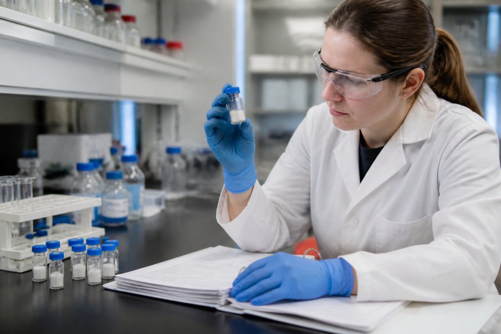 Research scientist in laboratory examining peptide vials under controlled lighting, with documentation and quality records visible on a desk nearby