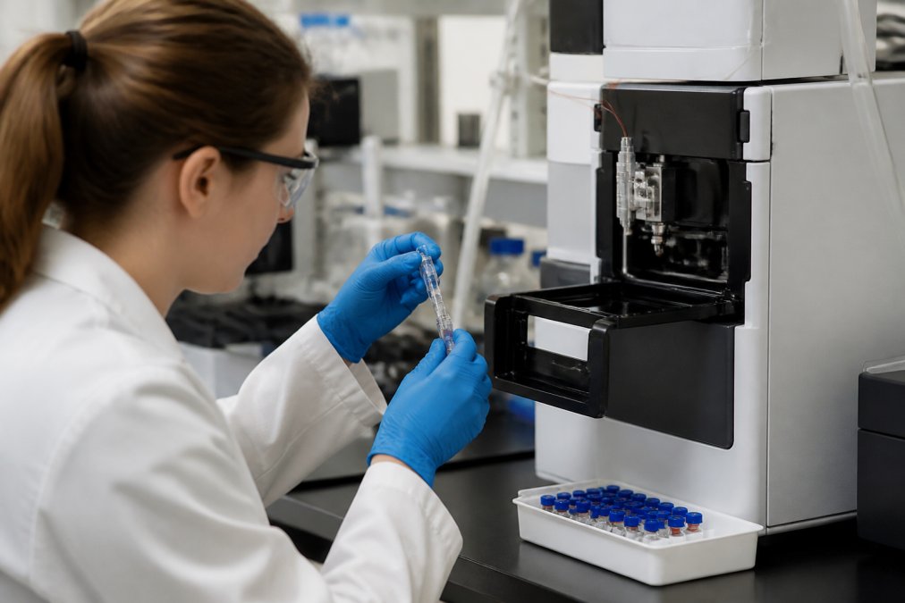 Close-up of laboratory analytical equipment with a technician preparing peptide samples for testing, HPLC apparatus visible with sample vials