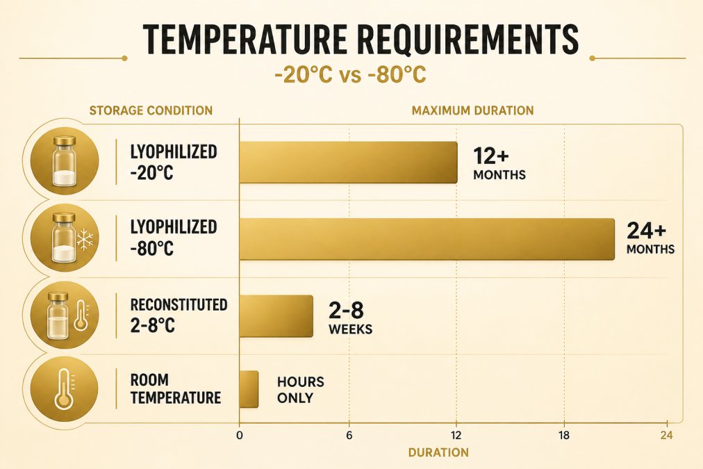 Best Practices for Peptide Storage 2026: A Complete Guide Bar chart comparing storage temperatures and maximum durations: lyophilized at -20°C for 12+ months, lyophilized at -80°C for 24+ months, reconstituted at 2-8°C for 2-8 weeks, room temperature for hours only