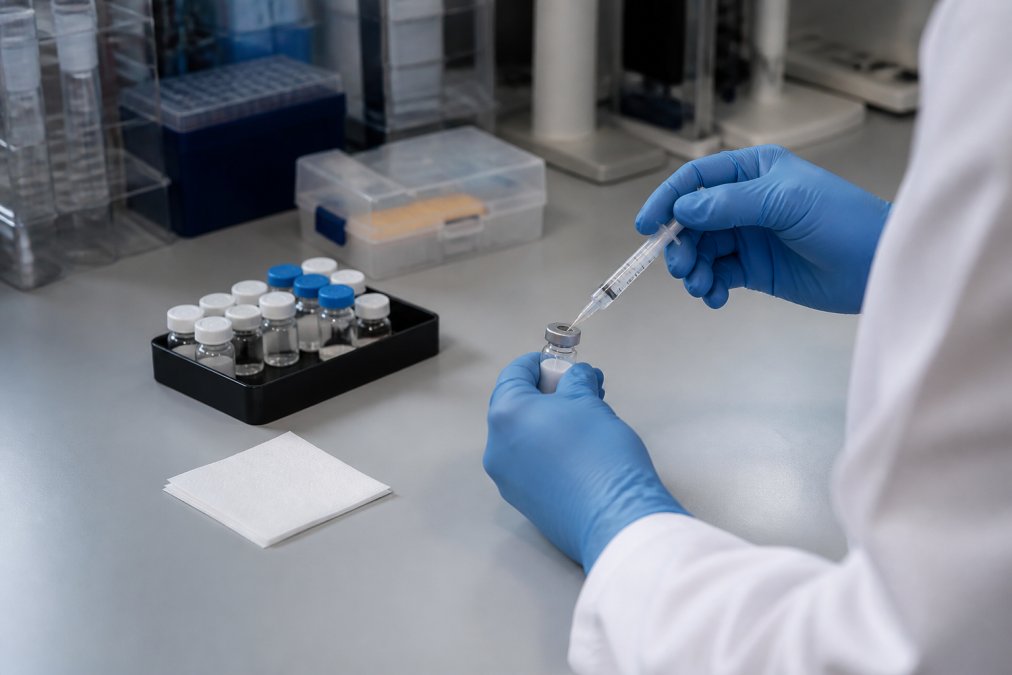 Researcher's hands in a clean laboratory setting carefully injecting bacteriostatic water into a peptide vial using a sterile syringe, with alcohol swabs and organized vials visible on the work surface