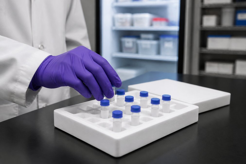 Gloved hands placing labeled vials into a storage case for peptide storage on a laboratory bench