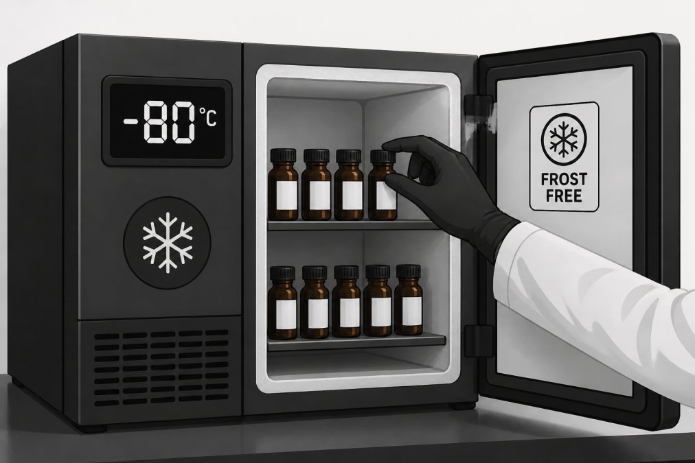 Laboratory freezer unit with temperature display showing -80°C, researcher's hand reaching toward amber glass vials stored inside, frost-free warning label visible on door