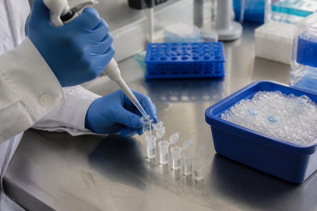 Researcher pipetting solution into cryovials on ice for peptide storage preparation