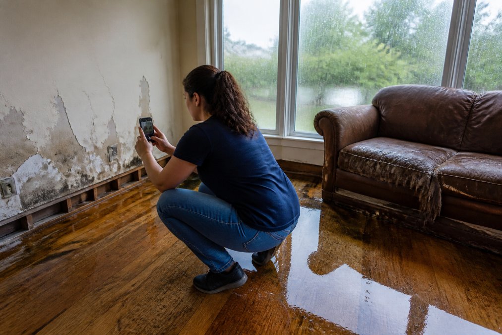 Homeowner photographing water-damaged furniture for post-disaster restoration insurance claims.