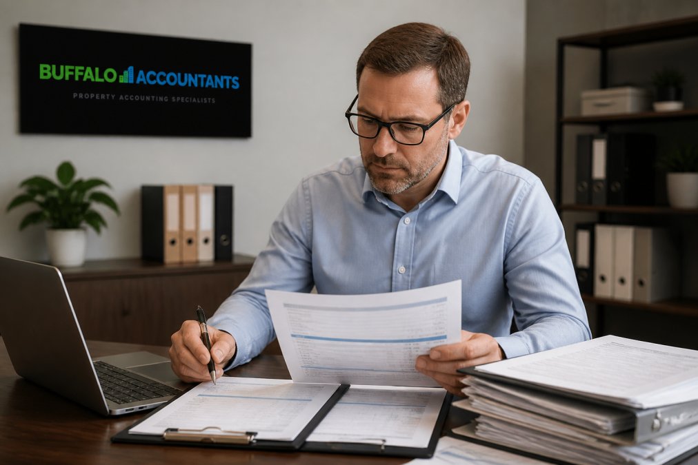 Property manager reviewing documents and reconciliation reports for property management financial reporting