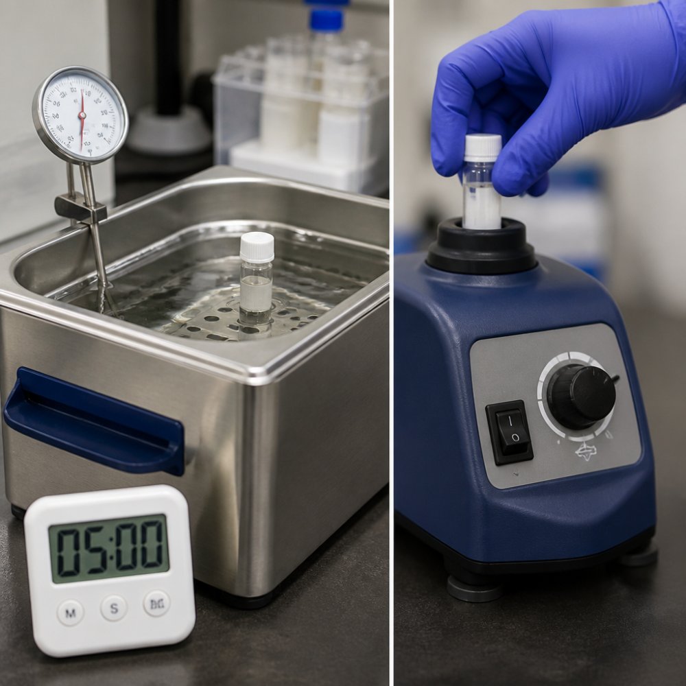 Infographic showing best practices for reconstituting hydrophobic research peptides using sonication and vortexing