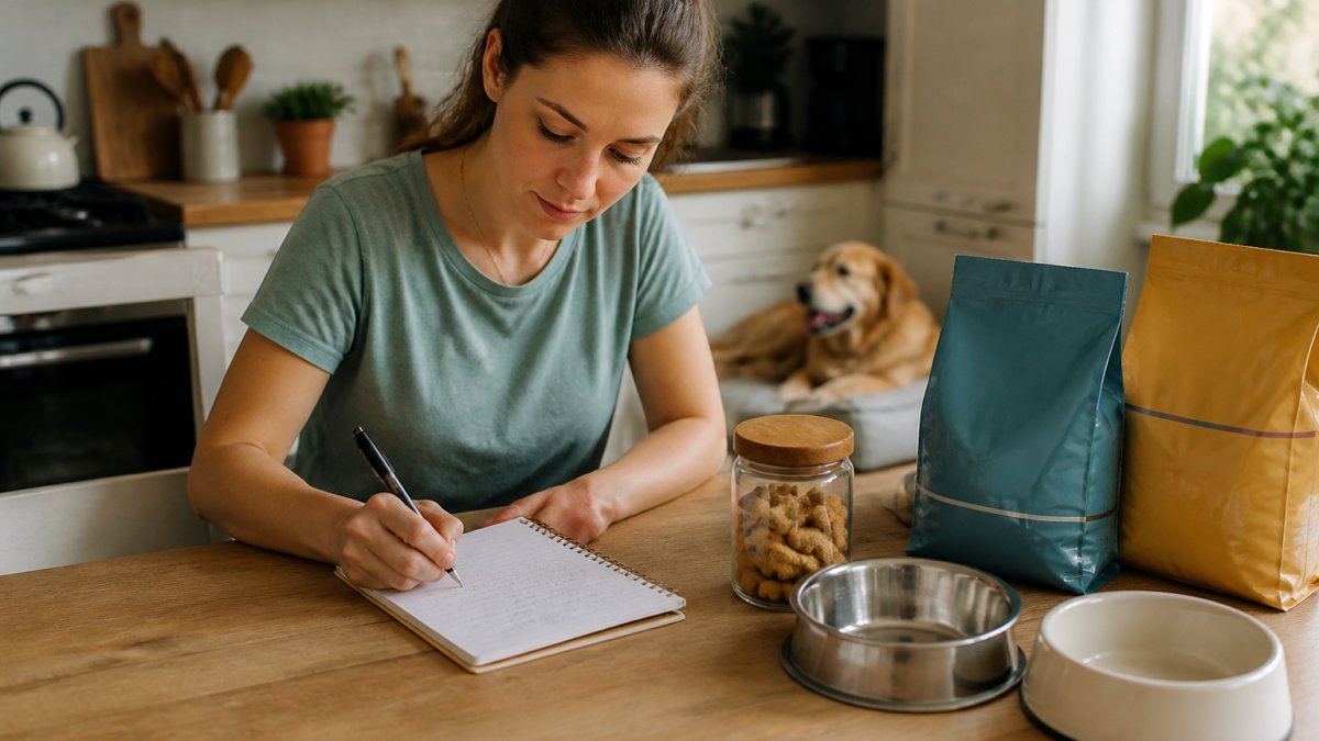 Pet owner sitting at a kitchen table with a notebook and pen, writing down pet supplies while looking at pet food bags, water bowls, and treats nearby, with a dog resting in the background