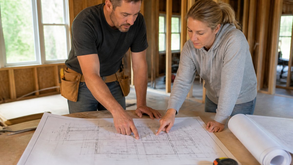 Homeowner and contractor reviewing detailed project blueprints and construction documents together at a jobsite table, both pointing at specific plan details with natural daylight from a window