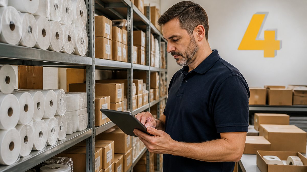 A warehouse manager in a bright stockroom checking stock levels on a tablet beside shelves of packaged supplies and till rolls