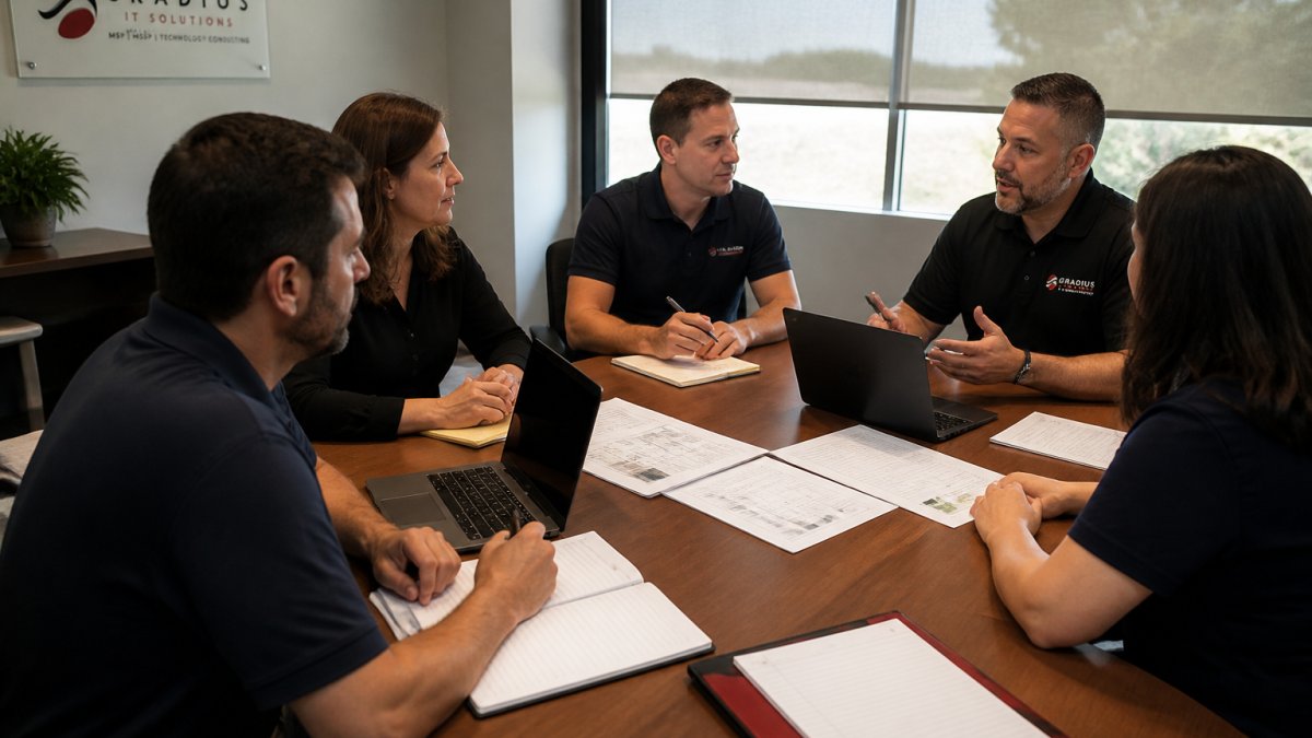Best Practices for Smooth IT Migration: A Step-by-Step Guide 1 Team reviewing a migration timeline as part of best practices for smooth IT migration and user adoption.