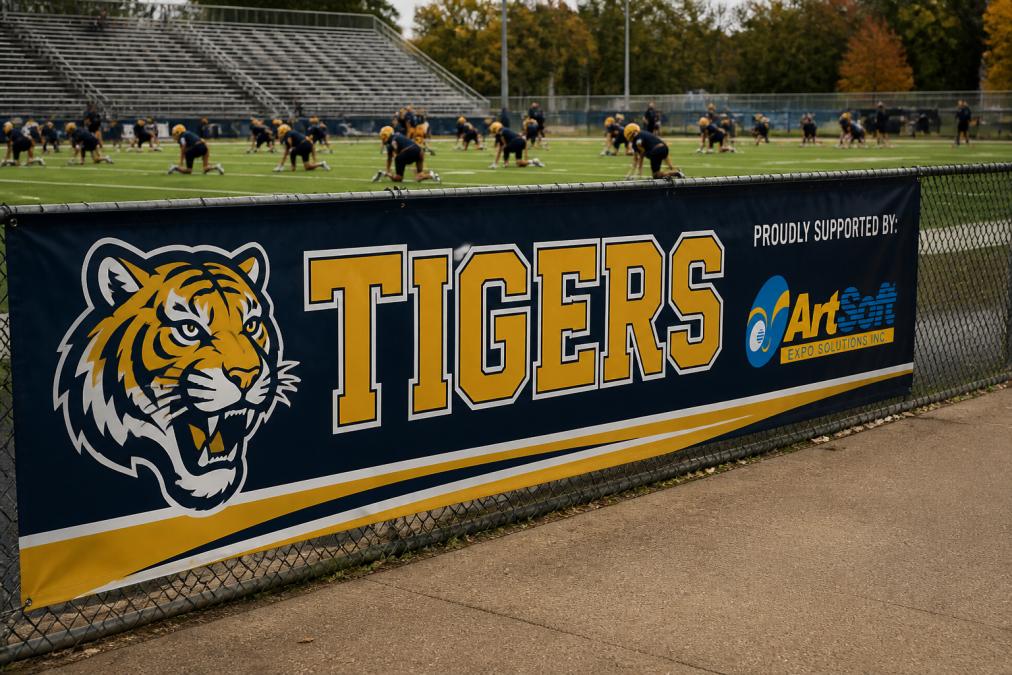 A close-up of a large outdoor sports team banner mounted on a stadium fence, showing bold team colors, a large logo, and clear sponsor placement, with players warming up in the background