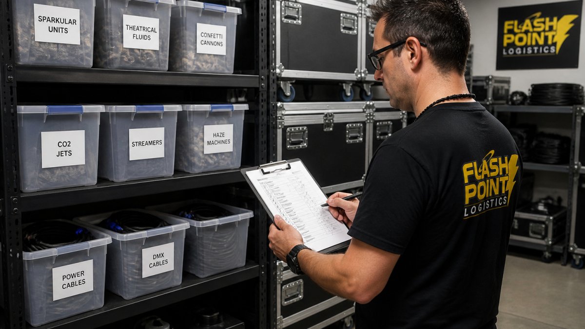 Professional stage manager reviewing organized storage room with labeled clear plastic bins on metal shelving, coiled cables in labeled bins, flight cases stacked safely with visible labels, and a clipboard with inventory checklist in hand