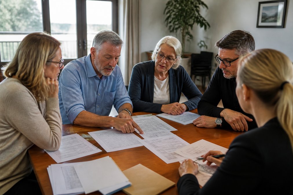 A strata committee meeting in a bright community room, with several owners gathered around a table reviewing printed budget documents and levy notices, one person pointing at a figure on a page
