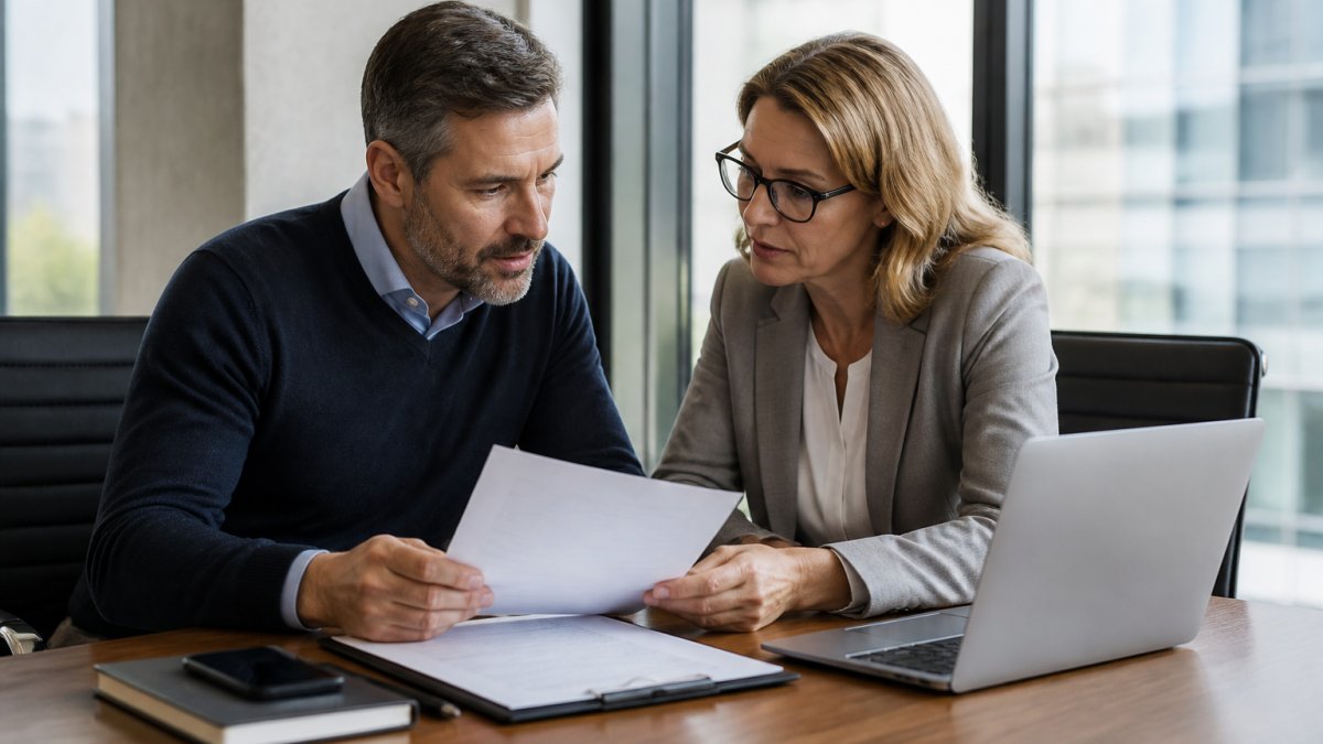 IT manager and compliance officer reviewing a printed teams governance policy at a modern office table