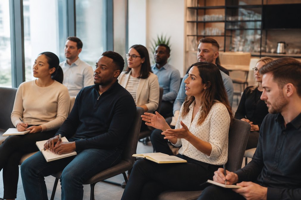 Diverse employees in a modern office watching town hall webcasts on a large screen and taking notes