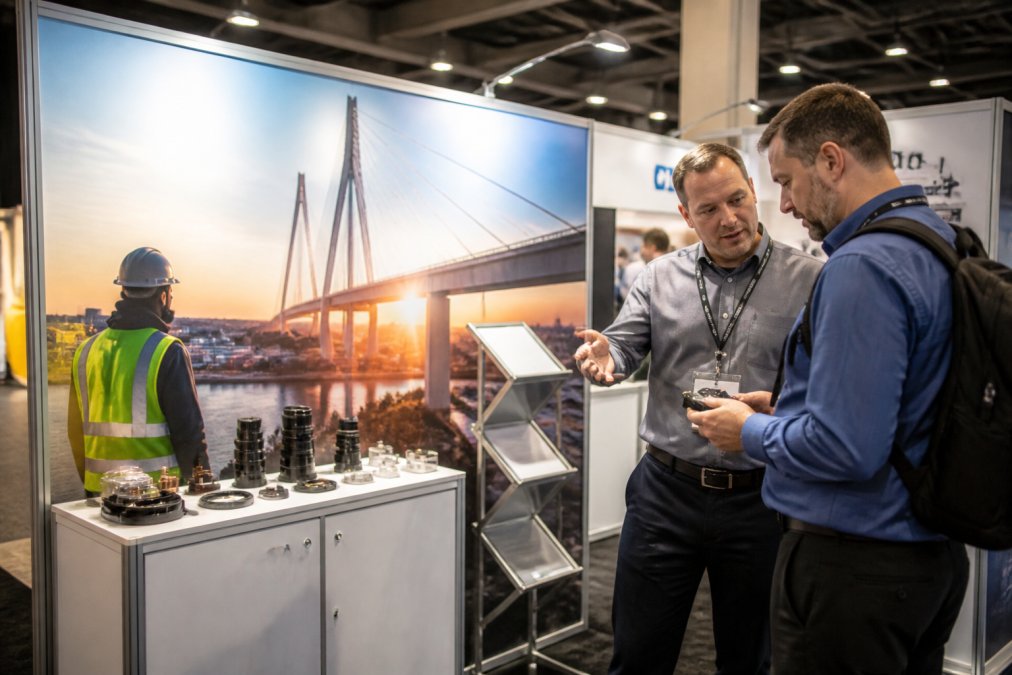 Staff member gesturing to trade show signage while a visitor examines products at a well-lit exhibition booth