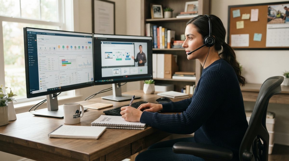 Remote employee sitting at home desk with dual monitors, following along with training video on one screen while taking notes on paper, natural window lighting