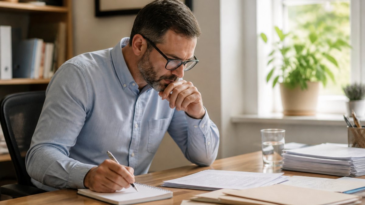 Professional reviewer carefully reading news article on computer screen at desk with notepad, pen in hand, evaluating content with focused concentration in well-lit workspace