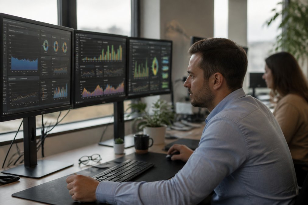 Marketing professional reviewing audience segmentation data on multiple computer monitors displaying analytics dashboards and user behavior metrics in a modern office