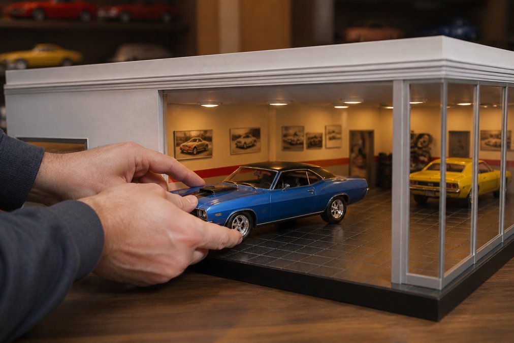 Collector's hands positioning a detailed 1:18 scale Dodge muscle car into a miniature showroom diorama with period-correct signage, warm ceiling lights illuminating the scene