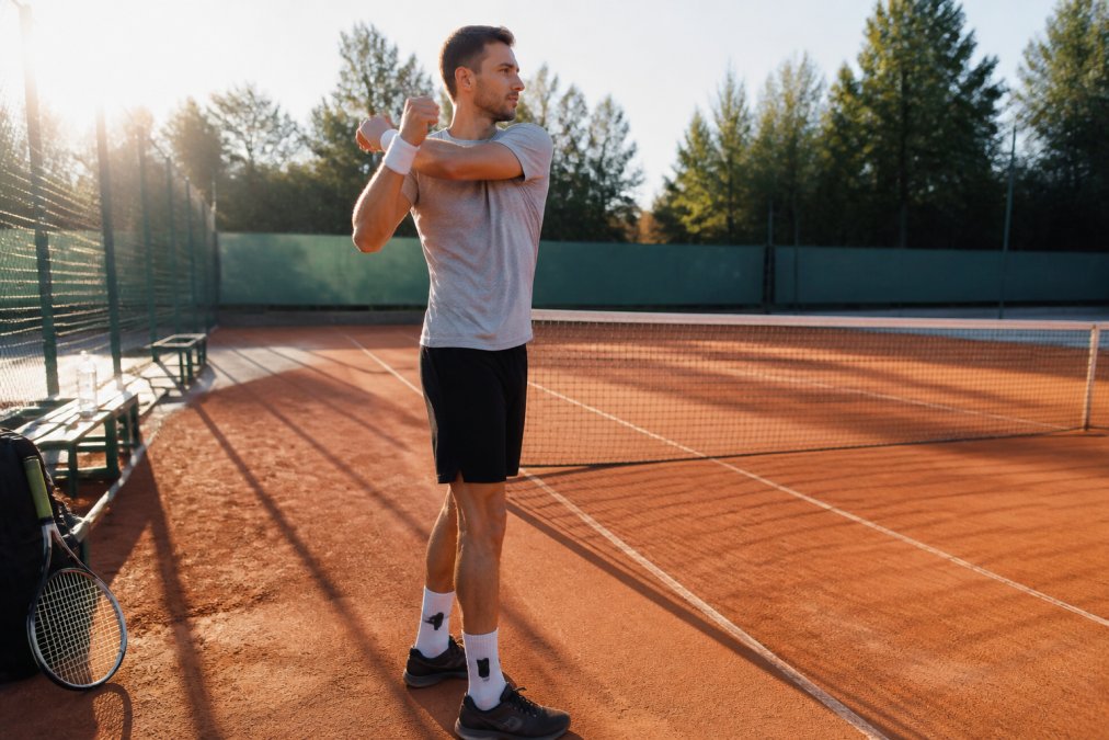 Tennis player performing dynamic arm circles and leg swings as pre-game stretches on a sunny clay court