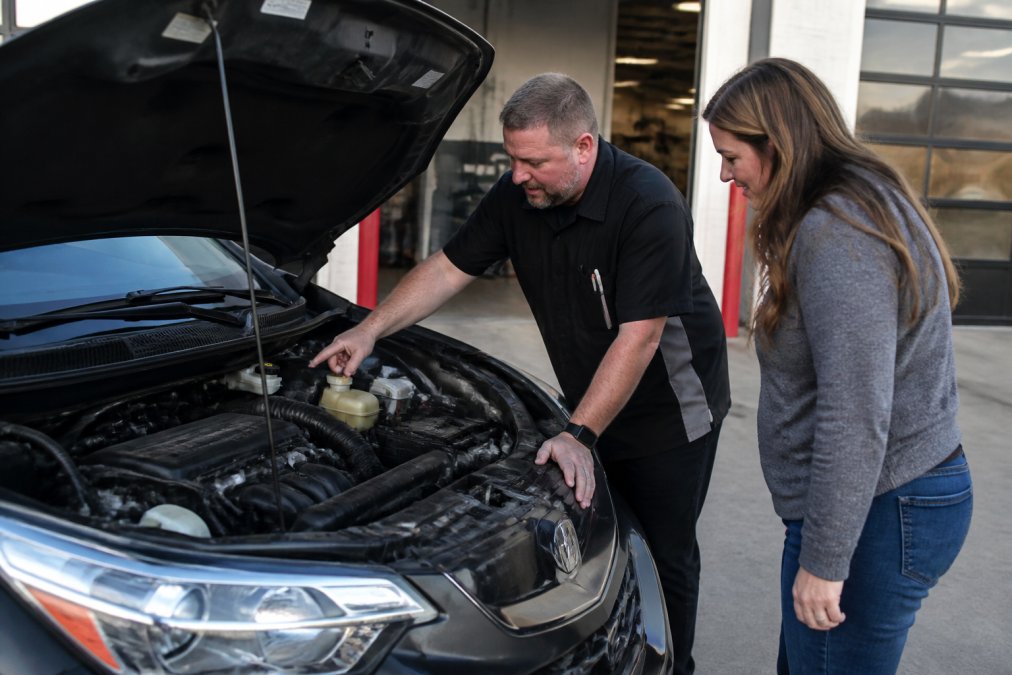 Professional buyer and technician inspecting the engine compartment of a pre-owned Honda CR-V, checking fluid levels and engine components under bright daylight in a dealership service bay