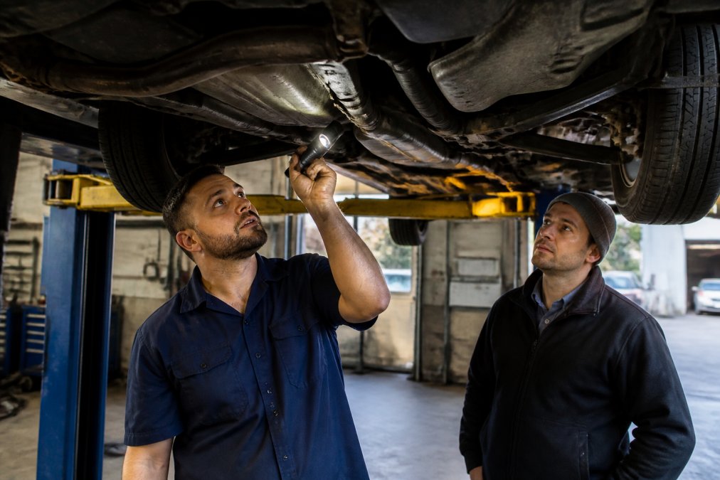 Professional technician carefully inspecting the undercarriage of a pre-owned SUV with a flashlight, checking for rust, leaks, and structural damage in a well-lit service bay