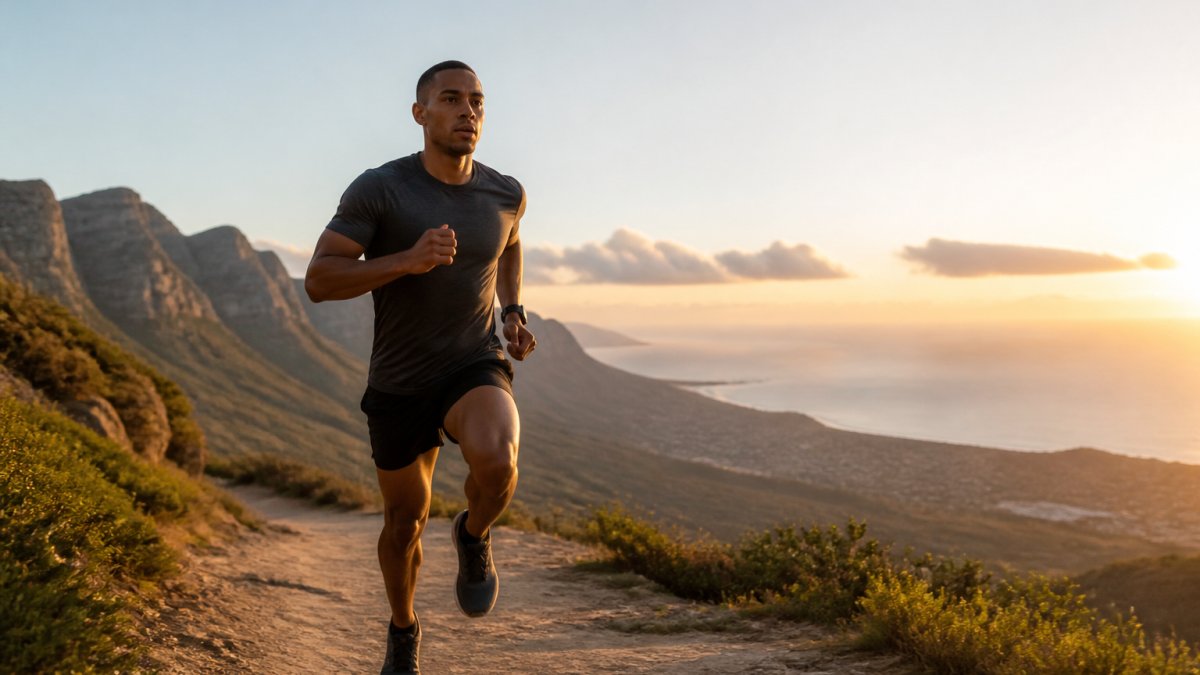 Runner in athletic gear mid-stride on a trail at sunrise, focused expression, breathing controlled, showing sustained endurance performance in natural outdoor lighting