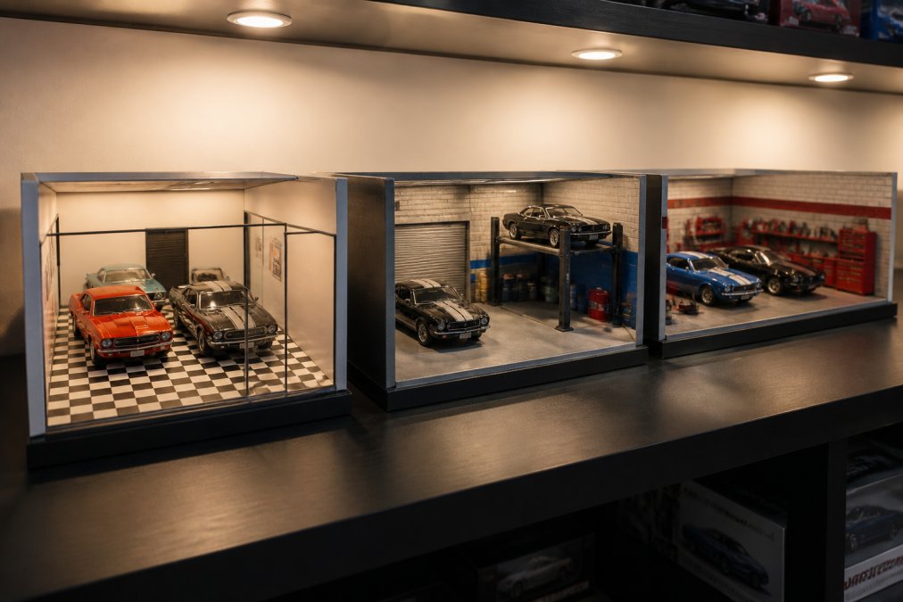 A well-lit collector room shelf displaying three different prebuilt dioramas side by side, a showroom, a garage, and a speed shop, each holding diecast cars under warm ceiling lights