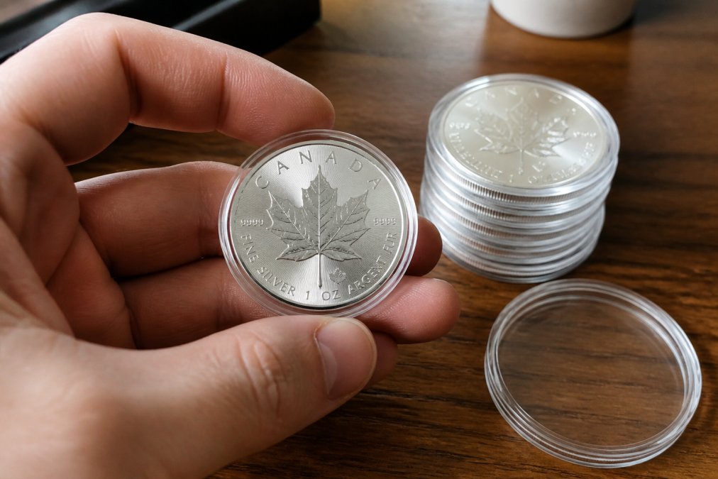 Hand holding a 1 oz Canadian Silver Maple Leaf coin next to silver rounds, ideal for precious metals for beginners.