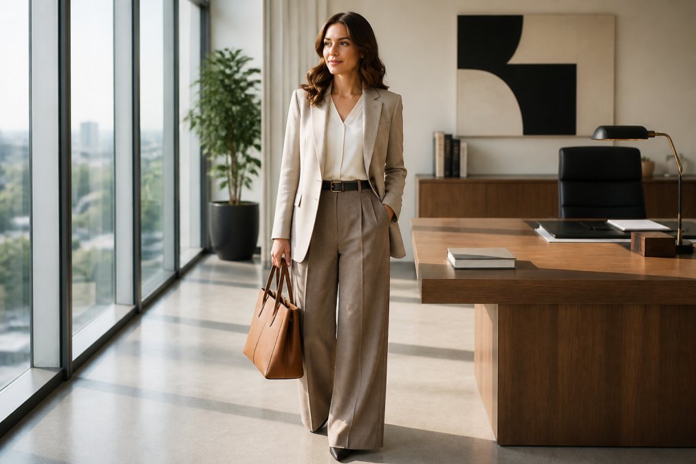 A professional woman in her 30s standing in a bright modern office wearing a tailored blazer and wide-leg trousers, holding a leather tote bag, natural light from large windows, neutral color palette