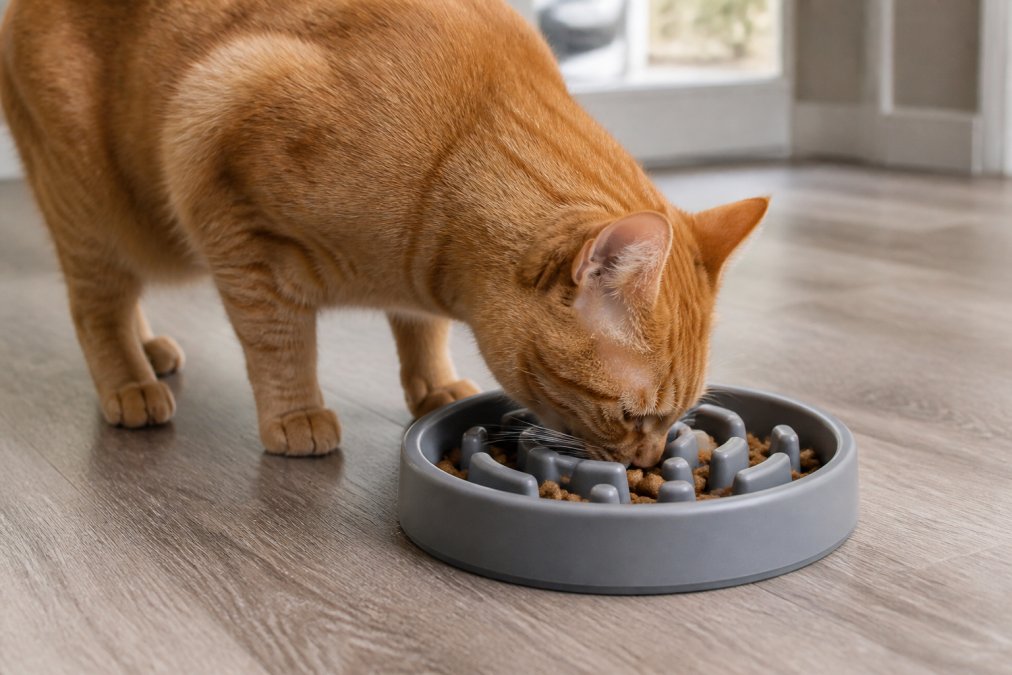 A cat eating from a puzzle-style slow feeder bowl, one of our premium cat supplies, on a clean kitchen floor.