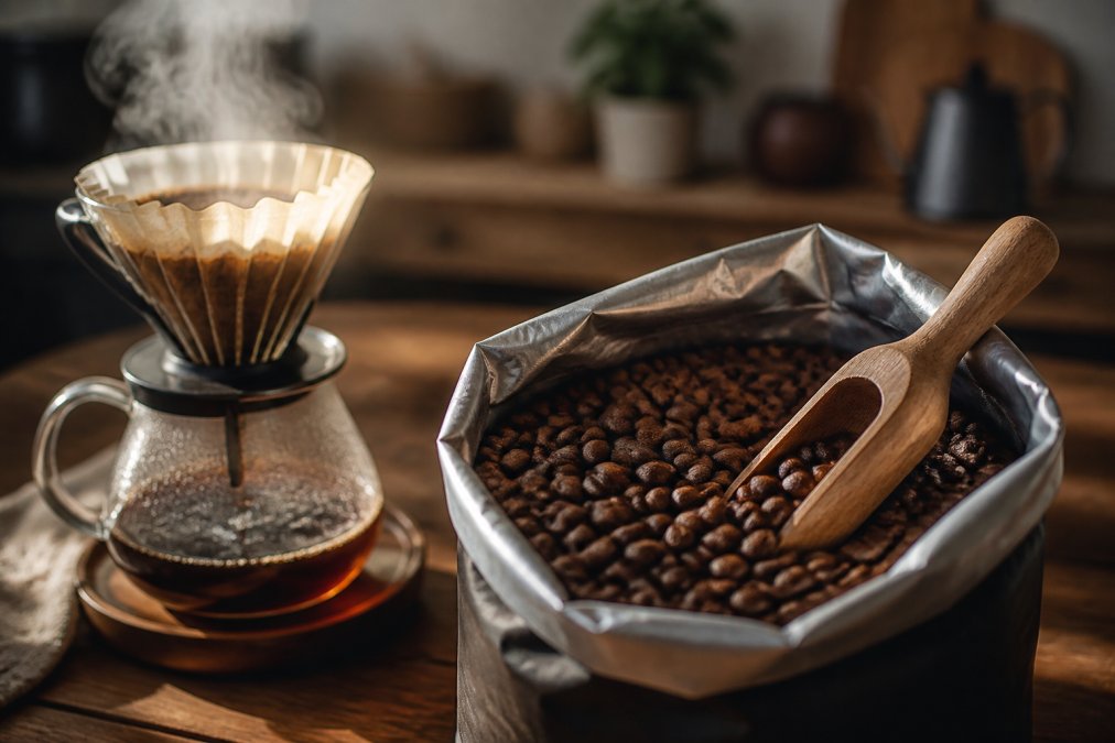 Freshly roasted whole coffee beans in an open bag with a wooden scoop and a steaming pour-over brewer nearby.