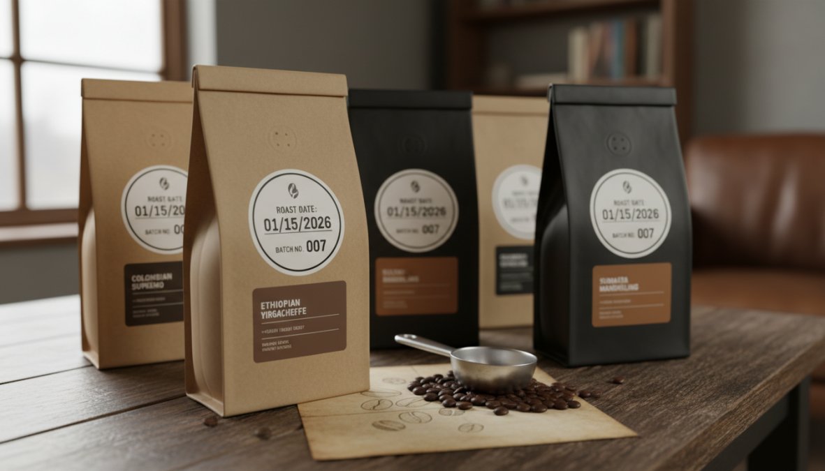 Overhead flat-lay photograph of freshly roasted whole bean coffee spilling from a kraft paper bag onto a worn wooden surface, with a visible roast date stamp on the bag label and warm morning light casting soft shadows