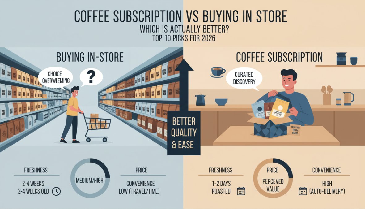 A person browsing a supermarket coffee aisle under fluorescent lighting on the left, and a person opening a freshly delivered specialty coffee subscription box at a bright kitchen table on the right, both scenes shown in a split-frame composition