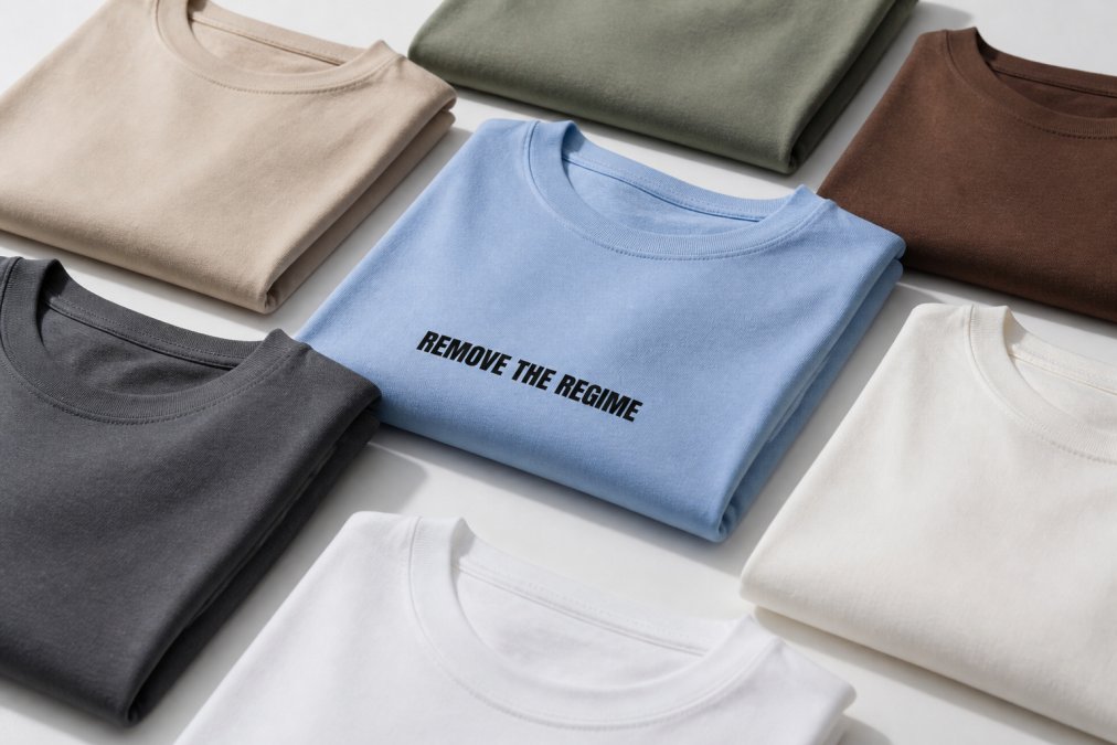 Flat lay of several neatly folded premium cotton t-shirts in neutral and earthy tones arranged on a clean white surface, with close-up texture detail showing soft hand-feel and fabric quality