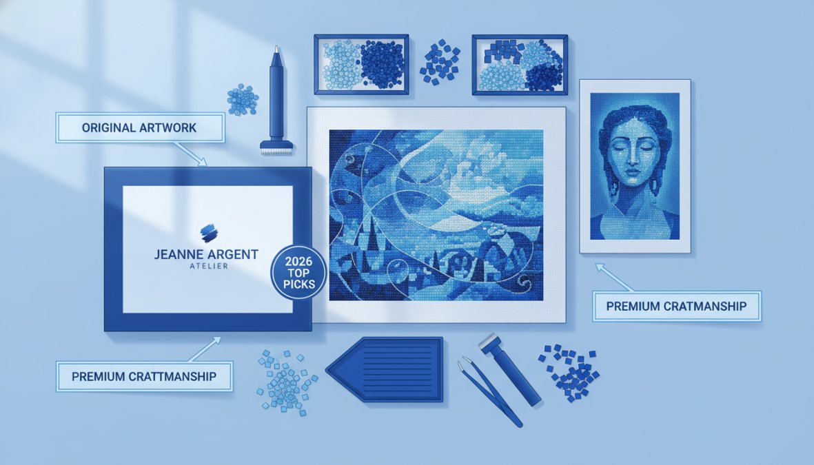 Flat lay of premium diamond painting kits with colorful drills, completed canvases, and specialized applicator tools arranged on a crafting table with natural window lighting