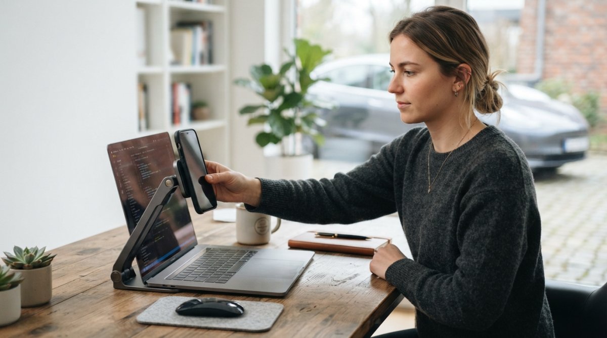A young professional in a modern home office attaching a smartphone to a sleek metal magnetic stand mounted on a laptop, with a clean desk and soft natural light in the background