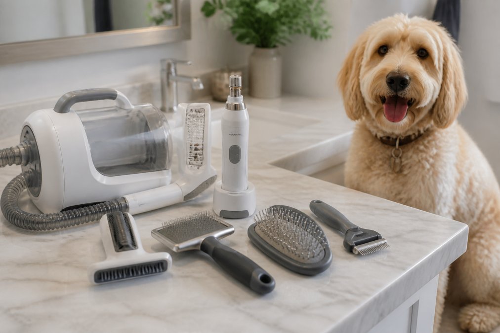 A clean, well-lit flat lay of premium pet grooming tools on a modern bathroom counter, including a deshedding vacuum, a quiet nail grinder, and grooming brushes, with a happy dog sitting nearby