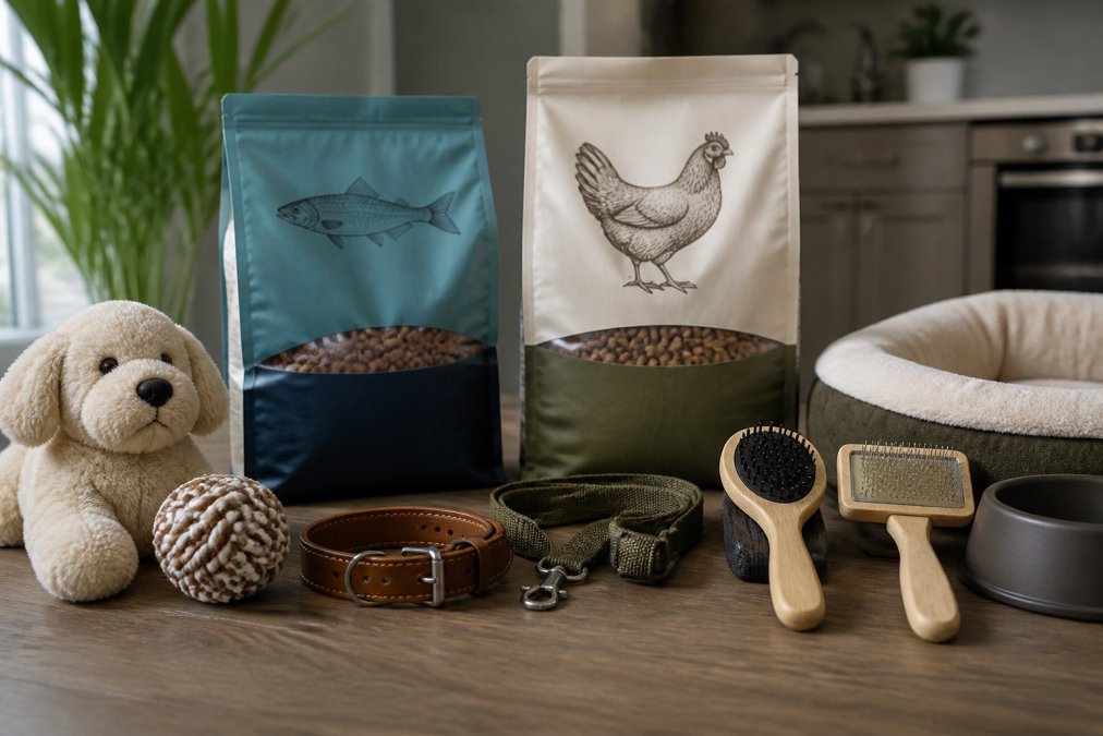 Curated collection of premium pet products including kibble bags, freeze-dried treats, toys, grooming supplies, and accessories artfully arranged on a clean white surface with natural daylight
